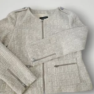 Talbots Jackie Fit Tweed Moto Blazer Jacket Womens 6P Petite Beige Zip Front NWT - Picture 1 of 8
