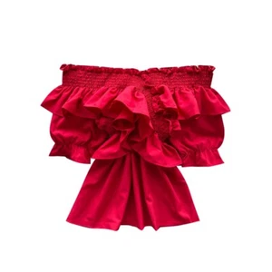 Women Ruffle Off-shoulder Blouse Shirt Top Short Puff Sleeve Retro Summer - Picture 1 of 20