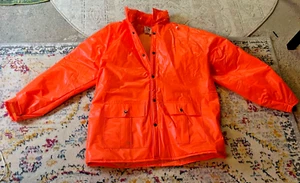 Vtg Duck Bay Raincoat Lined Orange Hunting Jacket Hideaway Hood Size M - Picture 1 of 16