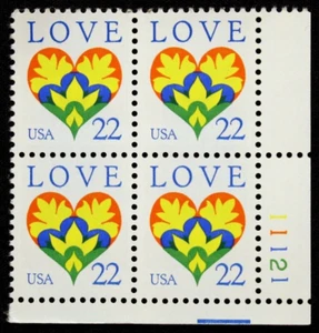 US Plate Blocks Stamps #2248 ~ 1987 22c Love Series: Hearts and Flowers SP2814 - Picture 1 of 1
