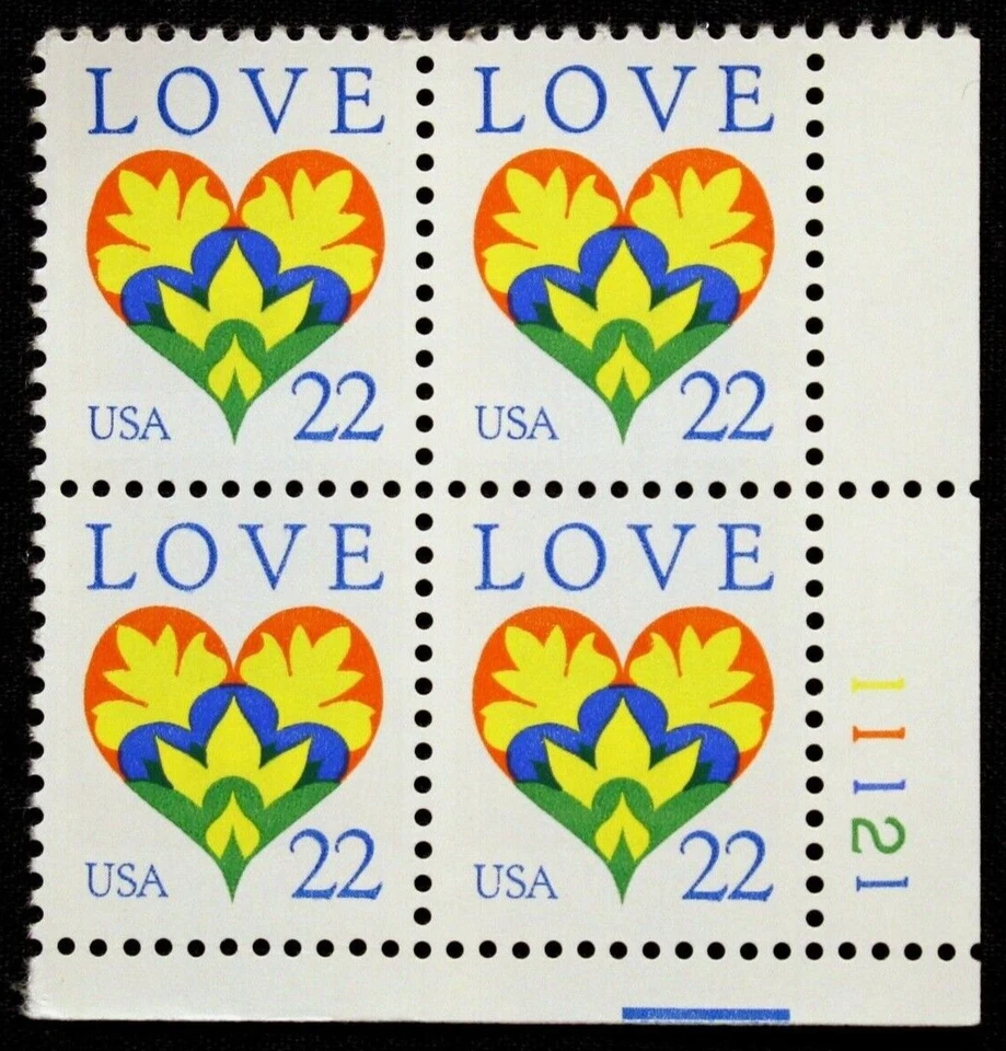 US Plate Blocks Stamps #2248 ~ 1987 22c Love Series: Hearts and Flowers SP2814 - Image 1 of 1