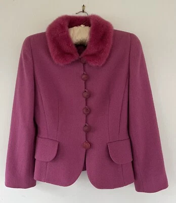 Vintage 1990s  Georges Rech Wool Nip Waist  Crop Jacket W/ Fuchsia Mink Collar - Image 1 of 4