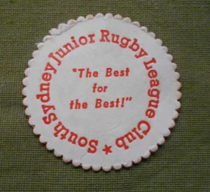#D119.   SOUTH SYDNEY  JUNIOR  RUGBY LEAGUE CLUB BEER COASTER, RED - Picture 1 of 1