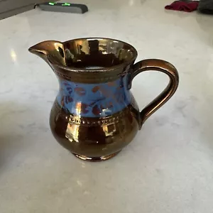 Vintage Lustreware Jug 3.25" Copper Brown w/ Blue Accent Earthenware Unbranded - Picture 1 of 4