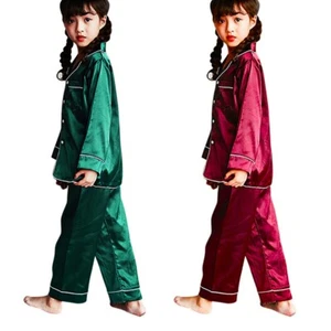 Kids Boys Girls Pajamas Long Sleeve Silk Satin Pjs Pants Set Xmas Nightwear Soft - Picture 1 of 30