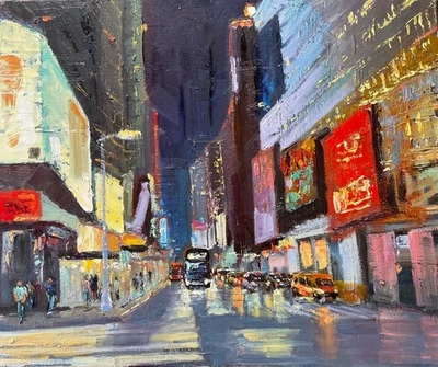 Pintura al óleo original Nueva York ciudad noche paisaje urbano arte de pared lienzo 20x24 Foto 1 de 4
