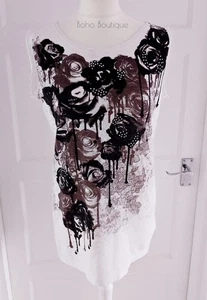 Vintage Y2K Rose Tattoo Crystal T Shirt Top Black White M Size 12 Boho Fairycore - Picture 1 of 7
