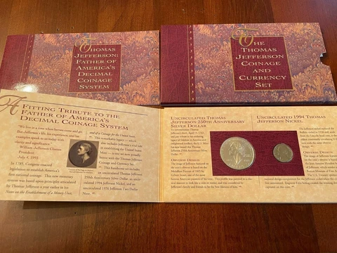 1993 Thomas Jefferson Coin and Currency Set with Ann. Silver Dollar Cover