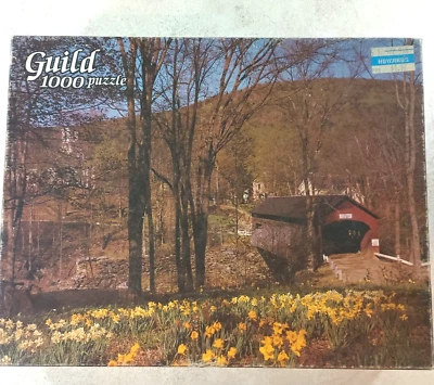 Covered Bridge Mountain Scene Daffodils 1000 Piece Jigsaw Puzzle by Guild - Image 1 of 3