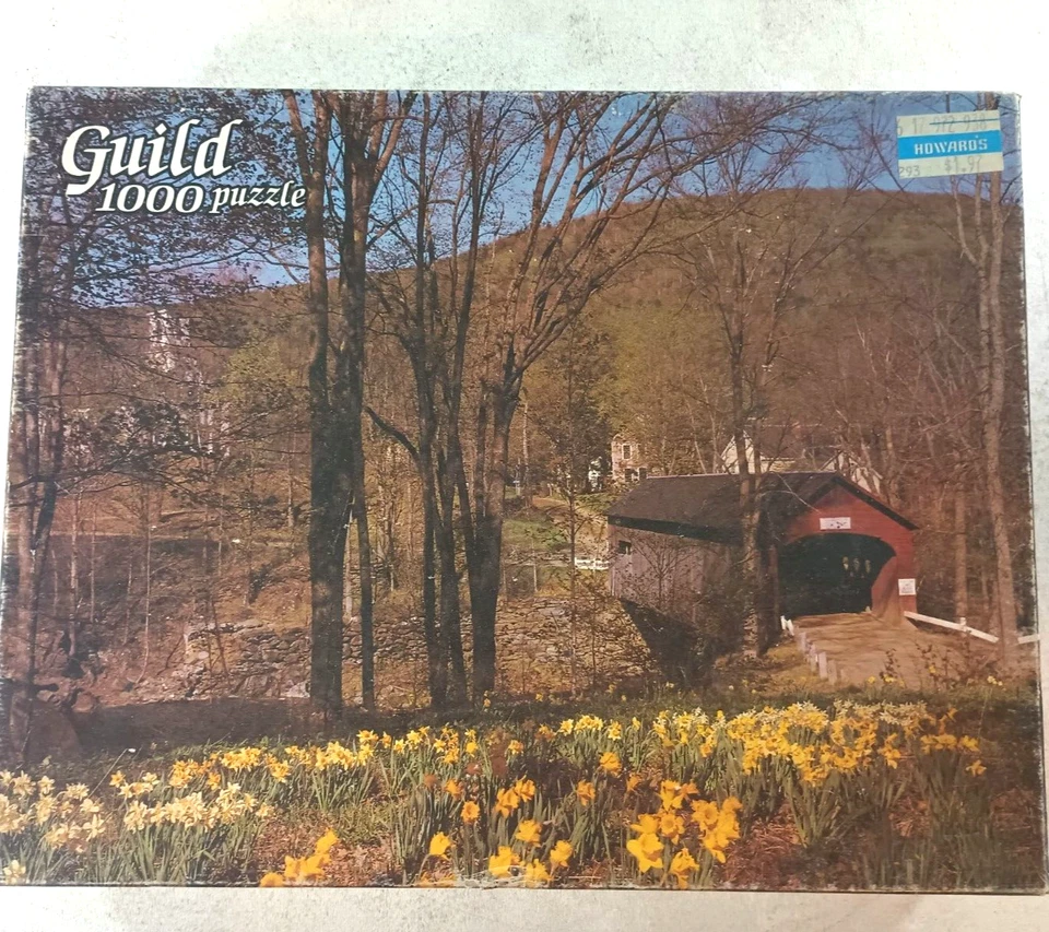 Covered Bridge Mountain Scene Daffodils 1000 Piece Jigsaw Puzzle by Guild - Image 1 of 3