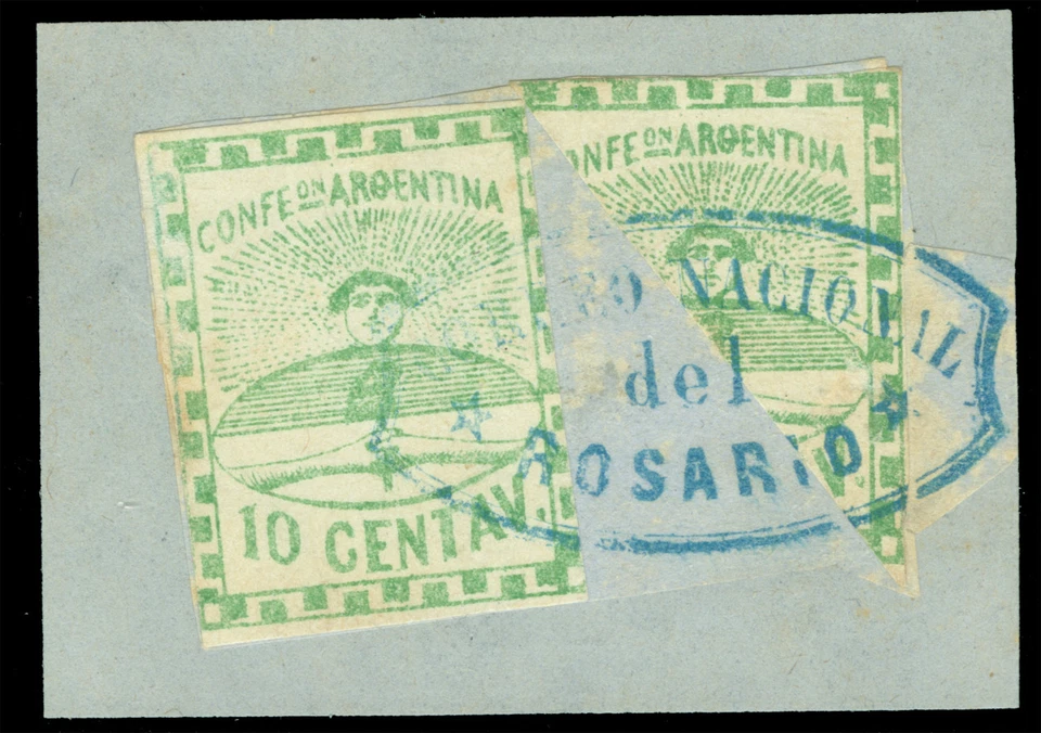 ARGENTINA 1858 Conf. 10c grn + BISECT Sc# 2+2f used w/ROSARIO cxl on piece RARE - Image 1 of 2