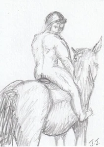 Original ACEO Art Pencil Hand Drawn Male Nude on Horse signed Drawing J. James - Picture 1 of 3