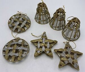 Metal Christmas Ornaments Gold and Silver Tone with Glitter Lot of 7 
