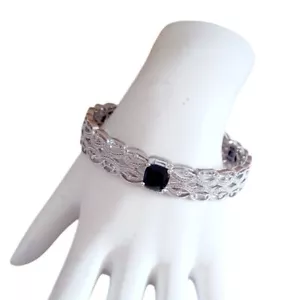 ISP Signed Rhodium over Brass Faux Blue Sapphire Bangle Bracelet JDM Import - Picture 1 of 7