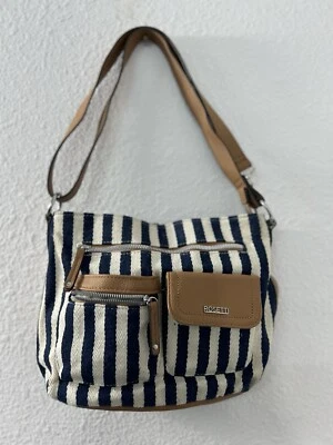 Bolso Bandolera Rosetti Astrid Mini Espiga Azul y Blanco Rayas Borde de Cuero Foto 1 de 4