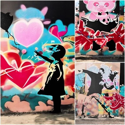 3 Banksy Graffiti Art Schablonen Baloon Girl ❤️ Panda ❤️ Blumenwerfer A3 Nr. 213 - Bild 1 von 4
