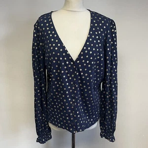 Boden V Neck Top Size 16 Navy Blue Gold Floral Pattern Button Fastened Cotton - Picture 1 of 11
