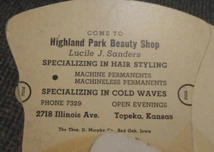 Ventilador publicitario Topeka Kansas Highland Park Beauty Shop década de 1940 - Lucile J Sanders - Imagen 1 de 3