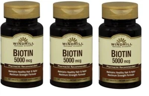 Windmill Biotin 5000 mcg with essential Vitamin B 60 Counts X 3 Packs - Picture 1 of 1