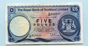 ROYAL BANK OF SCOTLAND SCOTTISH £5 BANKNOTE DATED 1st MARCH 1974 - Picture 1 of 2