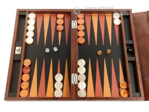 Nuevo Juego de Backgammon de Cuero Pequeño Zaza & Sacci de 15" - Estuche de Viaje Lagarto Marrón - Imagen 1 de 12
