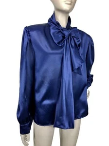 Vintage Jewel Tone Cobalt Satin Puff Poet Balloon Sleeve Neck-Tie Bow Blouse - Picture 1 of 8