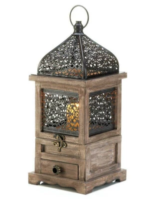 Large Pine Wood w/ Black Iron Cutouts Flip Top Candle Lantern w/ Drawer - Image 1 of 3