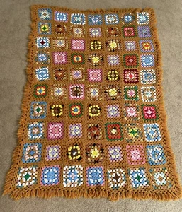 Vtg Granny Square Afghan Harvest Gold With Fringe Roseanne 63” X 40”  Handmade - Picture 1 of 9