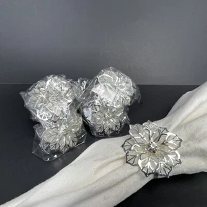 Silver Tone Floral Metal Napkin Rings Set of 5 Rhinestone Maximalism Holder vtg - Picture 1 of 5