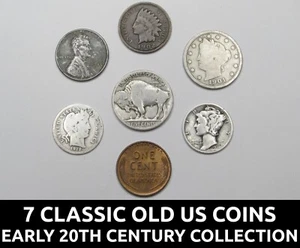 7 Classic old US coins collection - silver dimes, nickels, pennies - set / lot - Picture 1 of 3