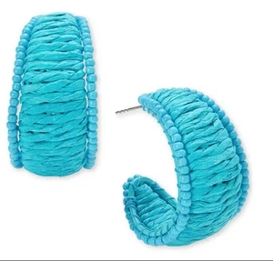 On 34th Bright Blue Seed Bead & Raffia C-Hoop Earrings Post Back 1.25" MACY’S - Picture 1 of 4