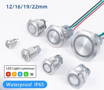 Metal Push Button Switch LED Light IP65 Waterproof Self-Lock Reset 12/16/19/22mm - Image 1 of 4