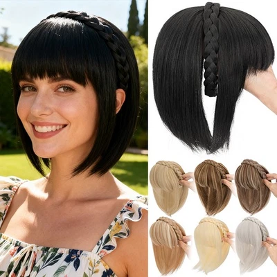 Braided Headband Topper Hairpiece Clip In Fringe Bang Hair Extension with Temple - Image 1 of 4