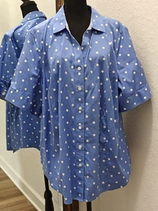 Talbots Woman Plus 20W Non Iron Button Up Shirt Blue White Polka Dot Top Blouse - Picture 1 of 10