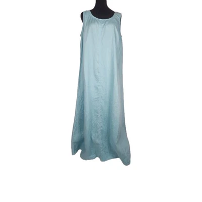 J Jill 无袖 100% 亚麻长裙 XL 码蓝色低圆领沿海海滩 — 第 1/4 张图片