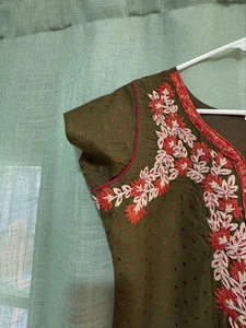 Vintage Green Embroidered Tunic Dress – Floral Detail Ethnic Kurti Style Medium - Picture 1 of 10