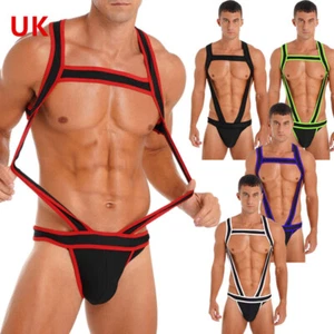 UK Mens Contrast Color Chest Harness Jumpsuits Bulge Pouch Jockstrap Underwear - Picture 1 of 73