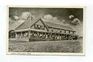 Little Neck, Ipswich MA Massenpostkarte, alte Autos, Hotel, Menschen auf Veranda, Flagge - Bild 1 von 2