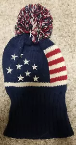American Flag Beanie Pom Hat Cap Adult OS Red White Blue Stars Winter Stretch US - Picture 1 of 3