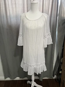 Mlle Gabrielle NWT white COTTON GAUZE BOHO DRESS BELL SLEEVES M - Picture 1 of 5