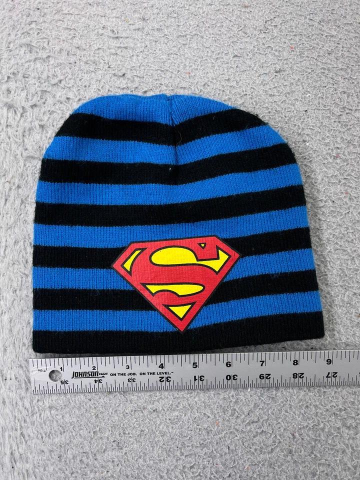Superman Beanie Toque Youth One Size Blue Black Knit Hero Stripe 100% Acrylic - Image 1 of 4