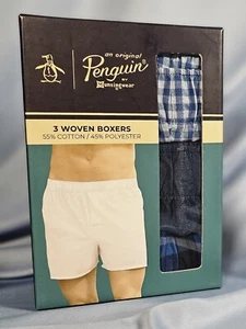 Penguin by Munsingwear 3 Pk Woven Boxers S Blue Solid Gingham & Plaid w/Fly - Picture 1 of 4