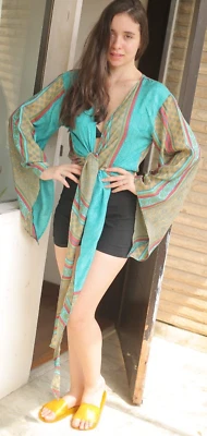 WrapTop Pure Silk Tie Blouse Dress Girls Woman Y2k Boho crop Top PS PSW1342 - Image 1 of 4