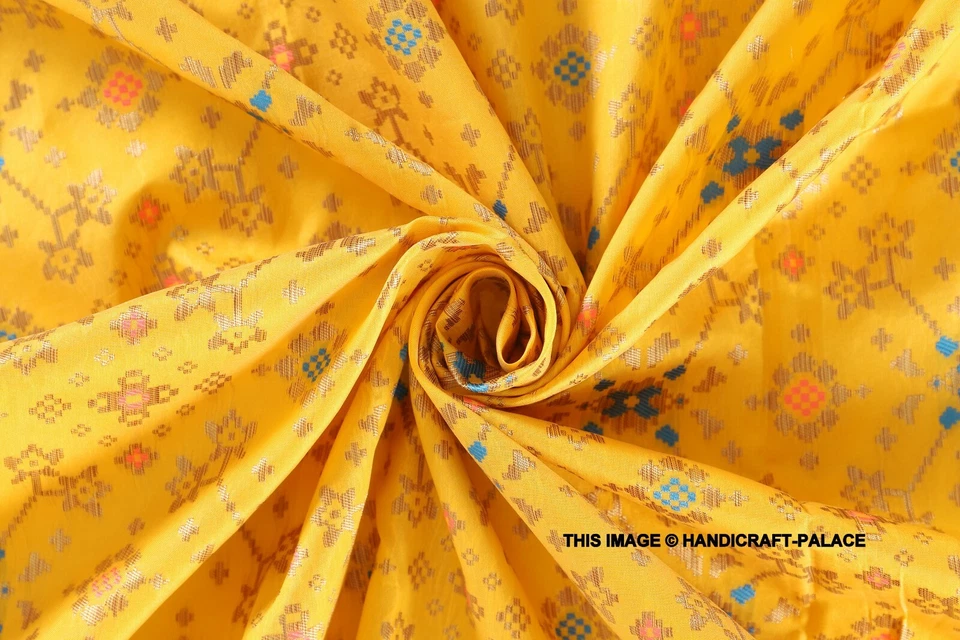 Ikat Yellow & Gold Damask Metallic Indian Design Banarasi Brocade Fabric 58" Art - Image 1 of 3