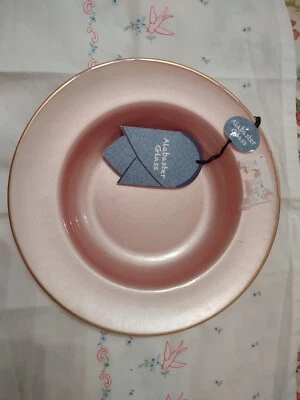 Alabaster Glass 9” pink with gold trim serving bowl plate Turkey NWT  - Image 1 of 4