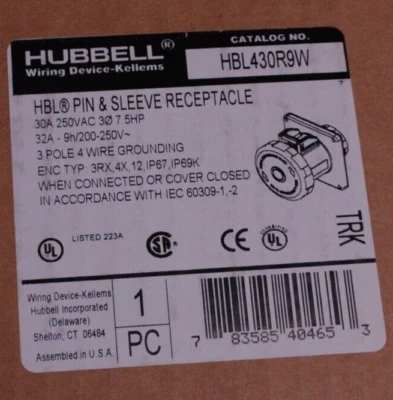 HUBBELL HBL430R9W PIN & SLEEVE RECEPTACLE - Image 1 of 2