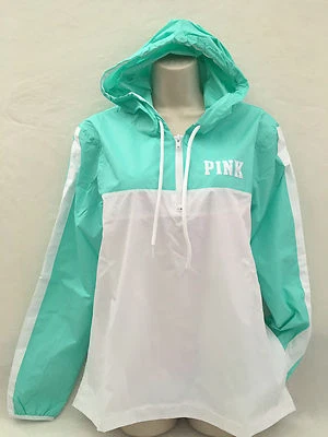 VICTORIA'S SECRET ROSA ANORAK CREMALLERA SUDADERA CON CAPUCHA, ABRIGO DE LLUVIA ESPUMA DE MAR / BLANCO MEDIANO / LG NUEVO CON ETIQUETAS Foto 1 de 4