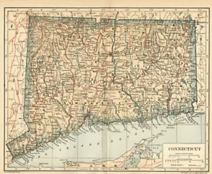 CONNECTICUT Karte: Original 1907 (datiert) Grafschaften, Städte, Topographie, Eisenbahnen - Bild 1 von 2