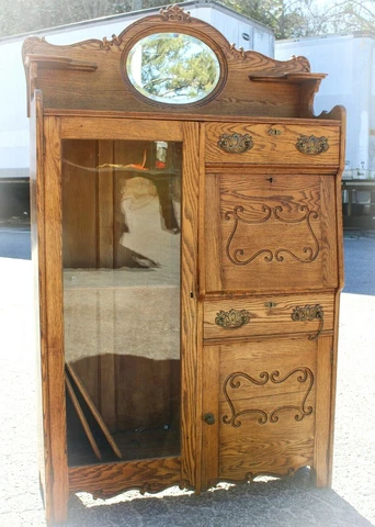 Antique Oak Side by Side Secretary Desk and Cabinet Cover