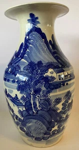Vintage Blue White Porcelain Hand Painted Landscape Mountain Scene Art Vase - Picture 1 of 12